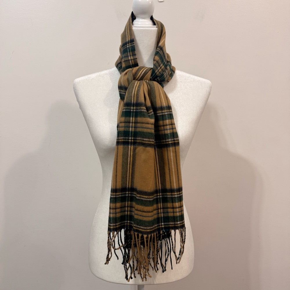 Made In Scotland Cashmere Plaid Fringe Quiet Luxury Mustard Forest Green Scarf